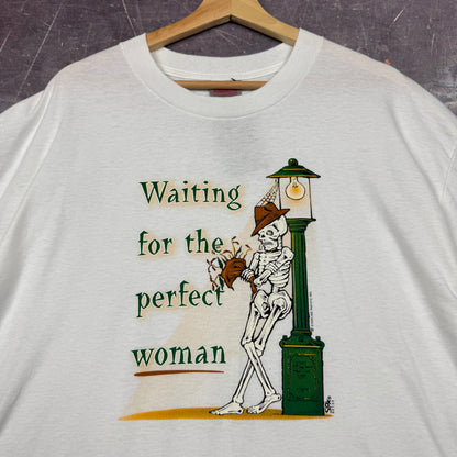 90s White Skeleton Waiting For The Perfect Woman Graphic Shirt XL 0841