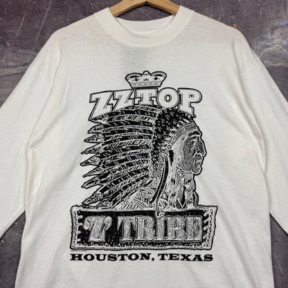 Early 00s White ZZTop Z Tribe Houston Texas Indian Head Graphic Long Sleeve Shirt M 0886