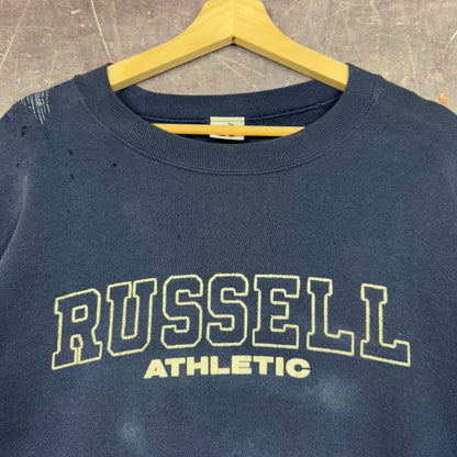 90s Faded Navy Blue Russell Athletic Essential Logo Spellout Repaired Graphic Crewneck Sweatshirt XL 1238