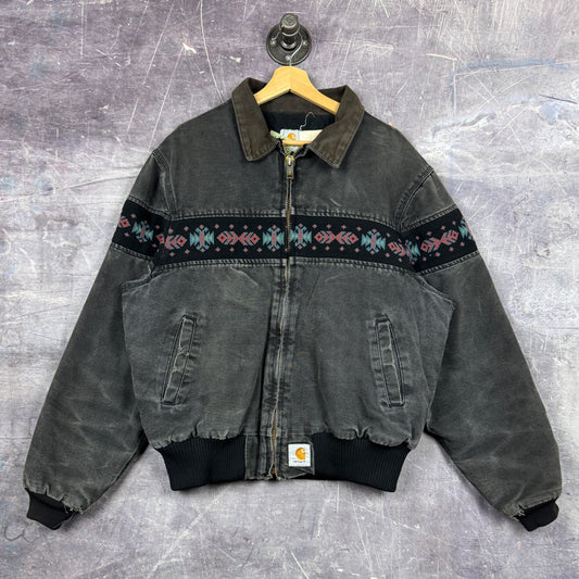 90s Faded Black Carhartt Aztec Santa Fe Western Bomber Jacket L 0291