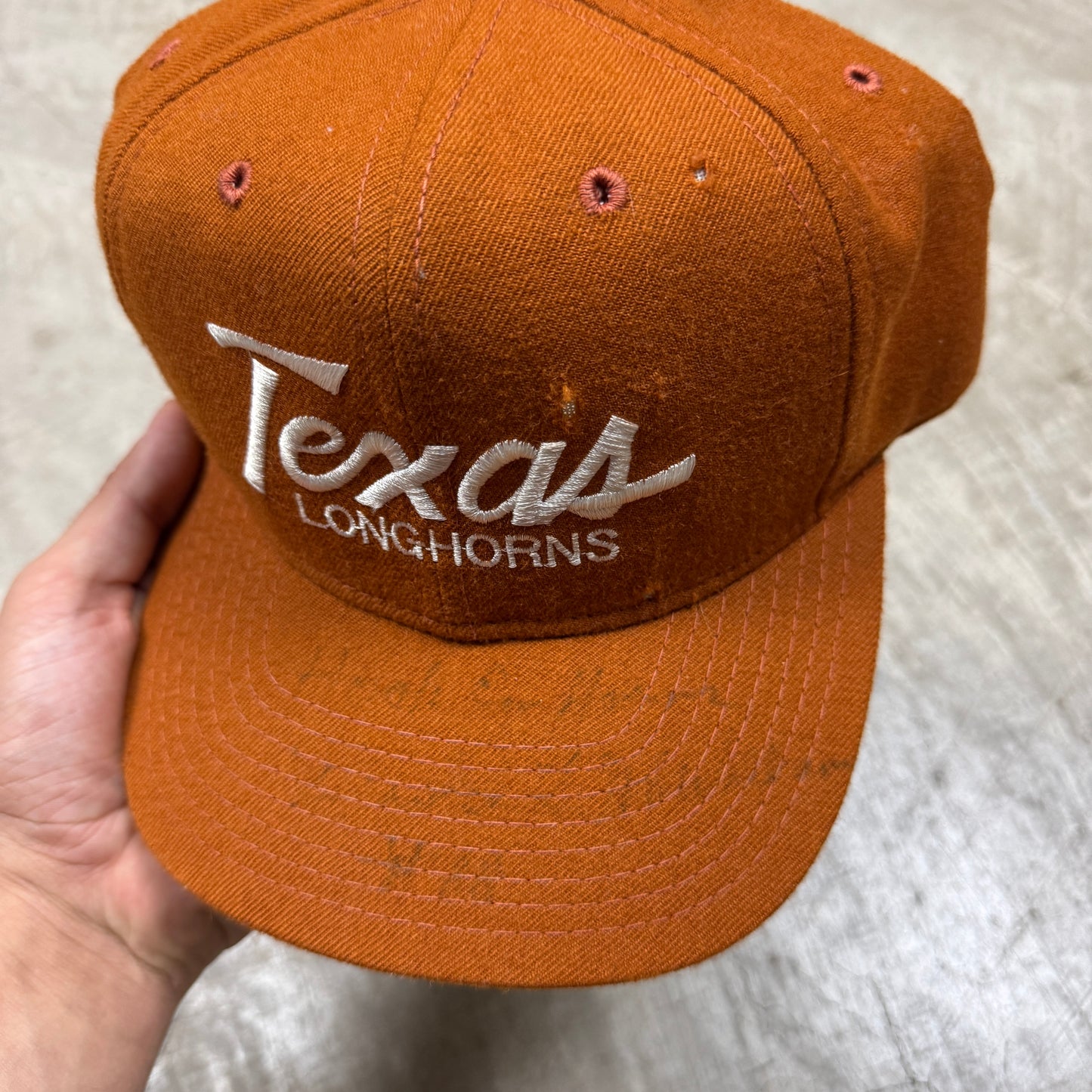 80s Orange University of Texas Longhorns Sports Specialties Single Line Script Snapback Hat SIGNED