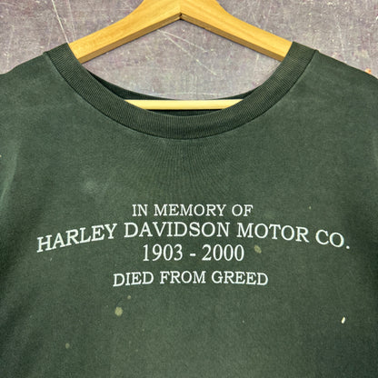 2000 Faded Black Died Of Greed In Memory Of Harley Davidson Motorcycle Company Graphic Shirt XXL 0910