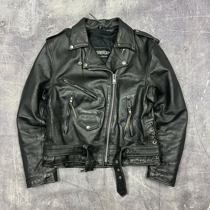 90s Black Unik Motorcyle Lined Rockabily Style Leasther Jacket M C23