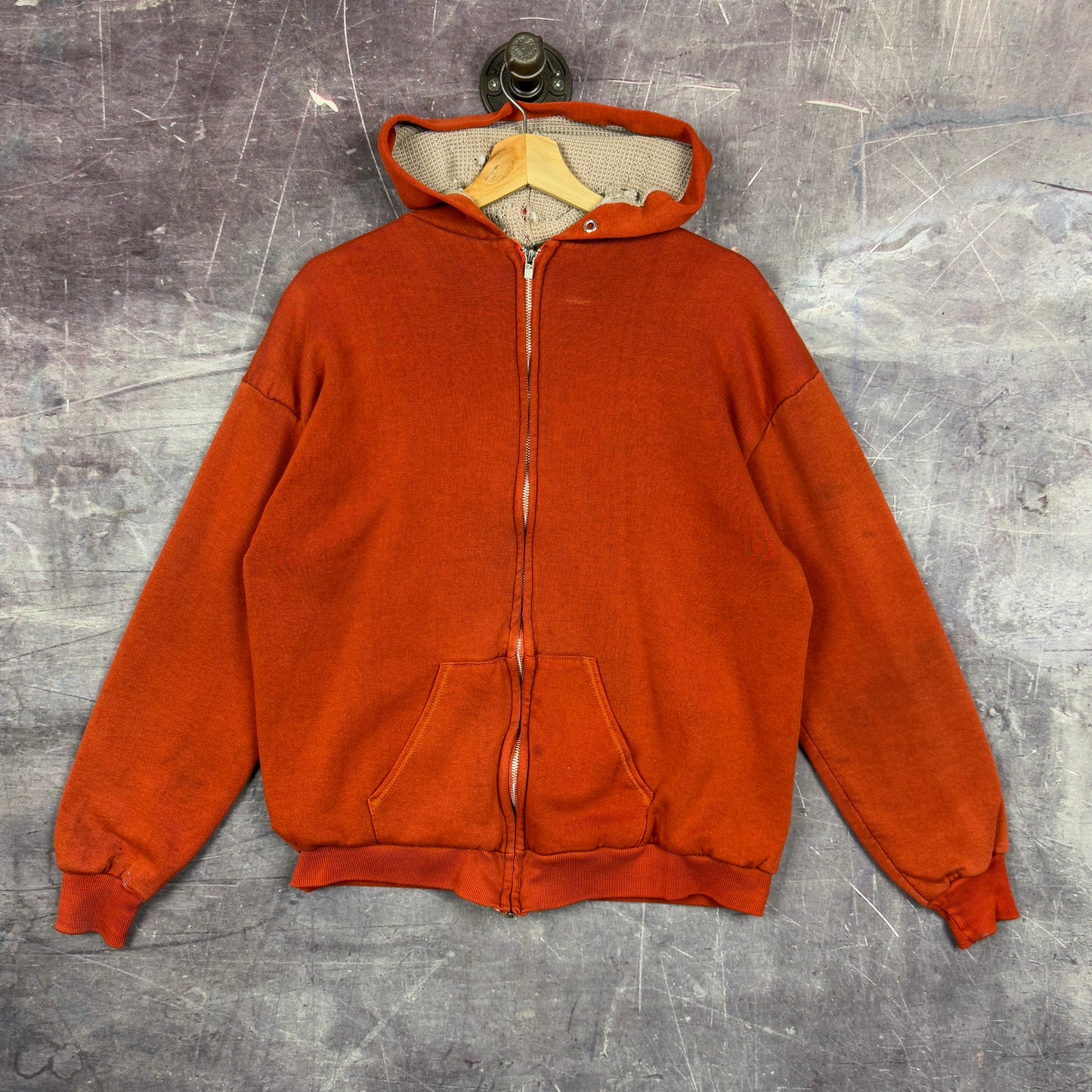 80s Faded Burnt Orange Blank Essential Thermal Lined Zip Up Hoodie M 1210