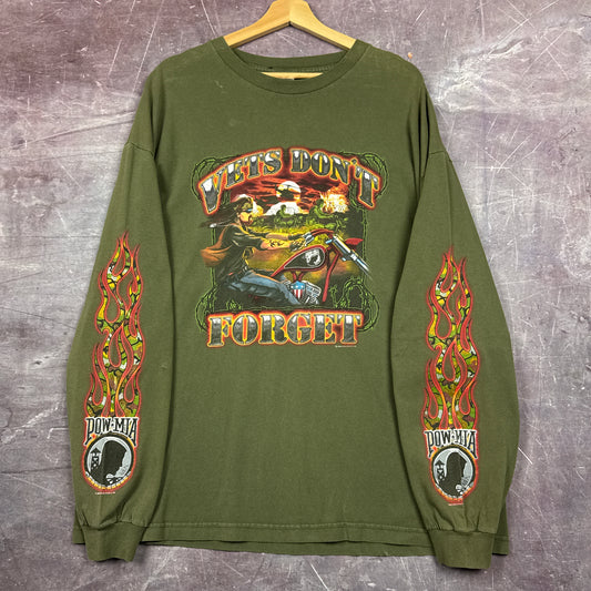 00s Olive Green POW MIA Flame Sleeve Shirt 3090