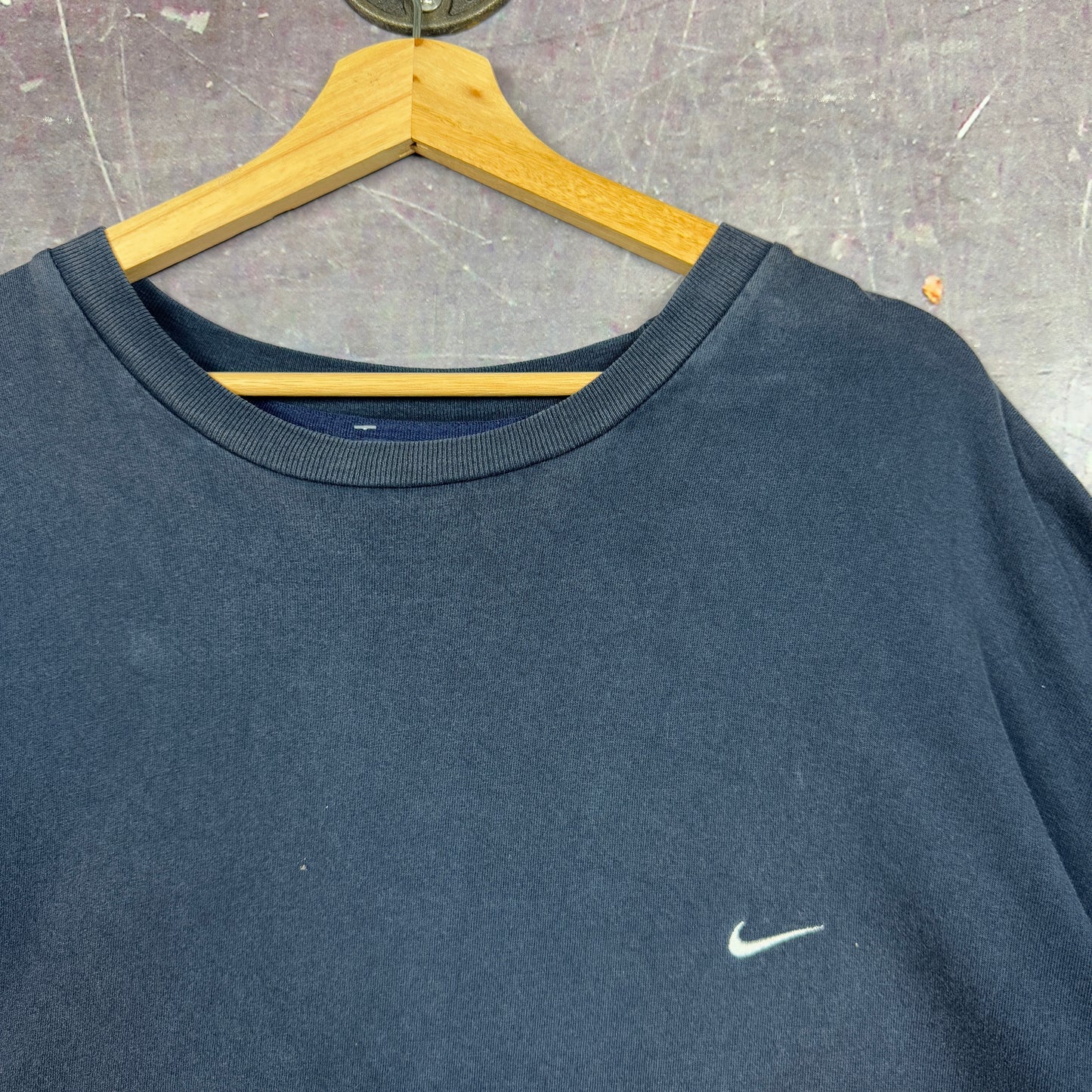 90s Faded Navy Blue Mini Swoosh Essential Logo Shirt XXL 0970