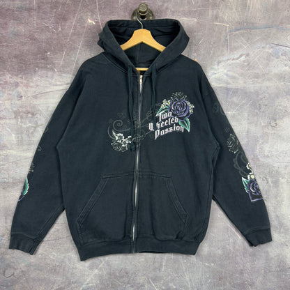 Early 00s Faded Black Flower Two Wheeled Passion Graphic Zip Up Hoodie L 1228