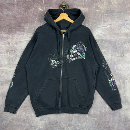 Early 00s Faded Black Flower Two Wheeled Passion Graphic Zip Up Hoodie L 1228