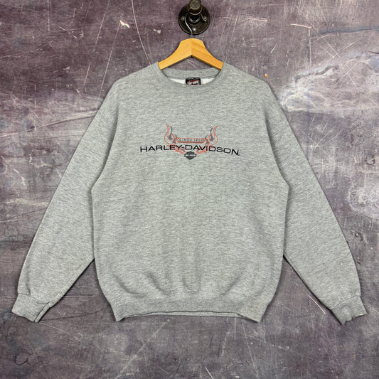 Early 00s Light Gray Alaska Harley Davidson Motorcycle Flame Graphic Crewneck Sweatshirt M 1216