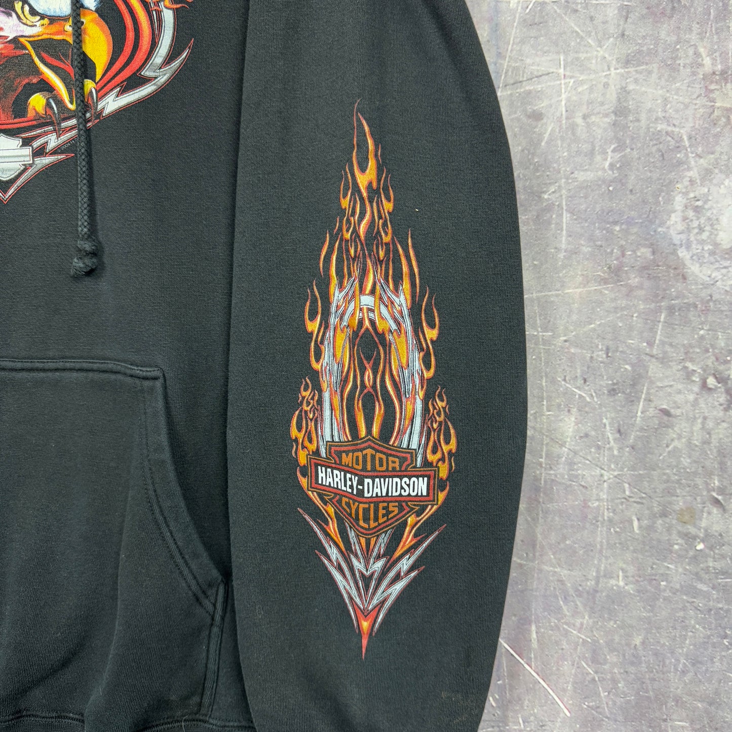 Early 00s Black Portland Maine Harley Davidson Motorcycle Flame Sleeve Eagle Graphic Hoodie L 1267