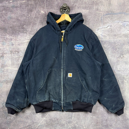 00s Navy Blue Carhartt Quilt Lined Hooded Active Work Jacket XL 0270