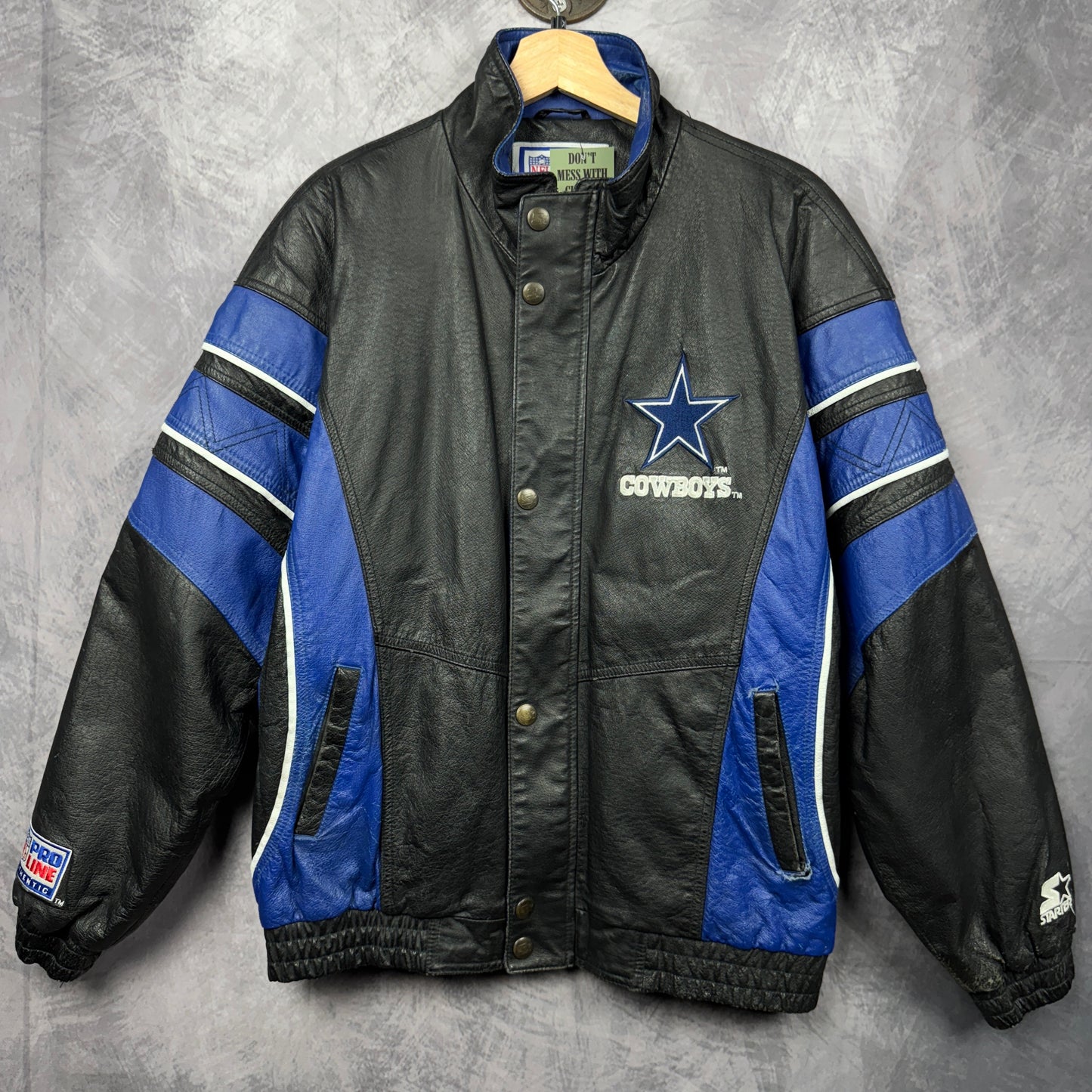 90s Black Dallas Cowboys Starter Leather Jacket 4089