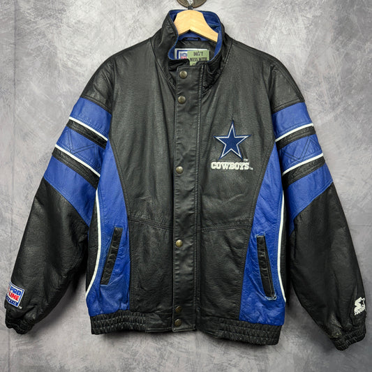 90s Black Dallas Cowboys Starter Leather Jacket 4089