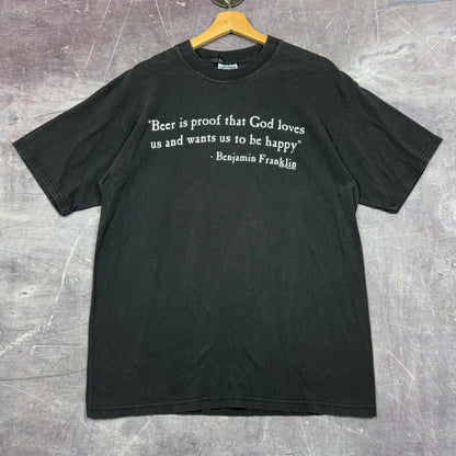 90s Faded Black Beer Is Proof That God Loves Us And Wants Us To Be Happy Text Graphic Shirt L 1132