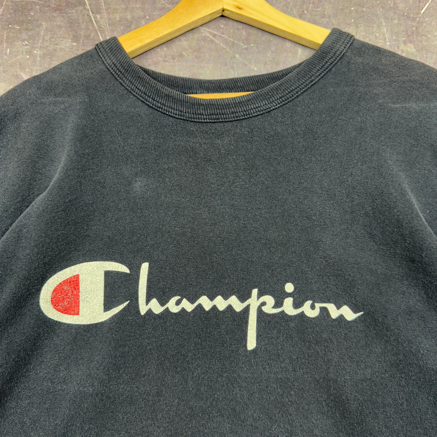 90s Faded Black Champion Logo Spellout Essential Graphic Shirt L 1130