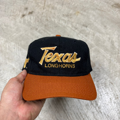 90s Black Dome University of Texas Longhorns Sports Specialties Double Line Script Snapback Hat