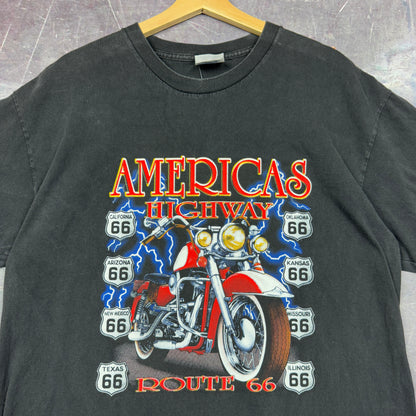 90s Black Route 66 Lightnig Motorcycle America's Highway Graphic Shirt L 1101