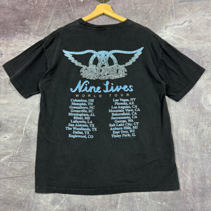 1997 Black Aerosmith Nine Lives World Tour Graphic Shirt L 1173