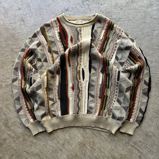 90s Tan Brown Green 3D Knit Coogi Style St.Croix Wool Sweater L 0608