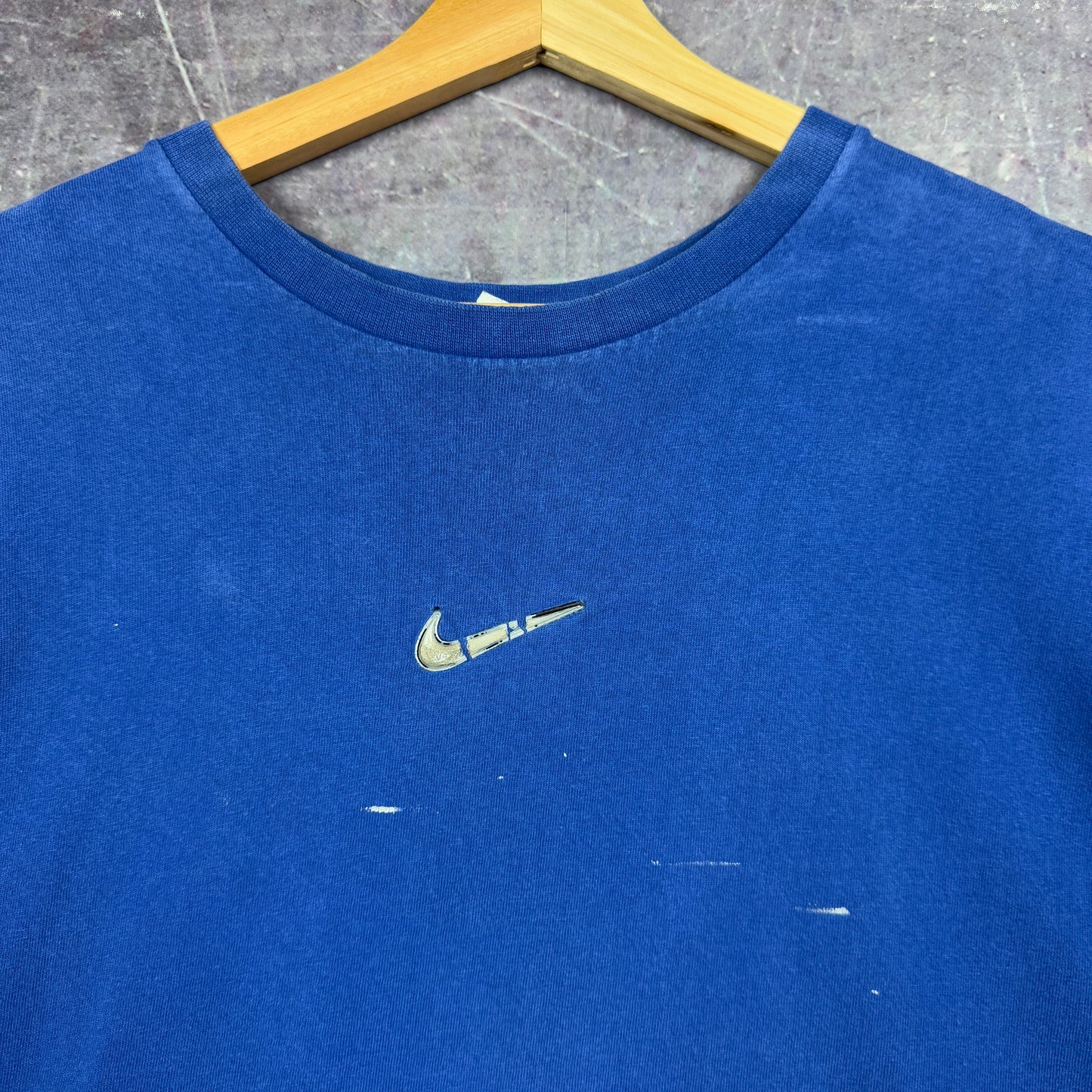 Early 00s Blue Nike Mettalic Center Swoosh Essential Logo Shirt XL 0983