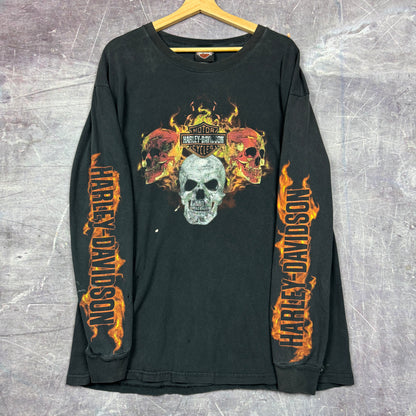 Early 00s Black Skull Harley Davidson Motorcycle Flame Sleeve Graphic Long Sleeve Shirt XL 0831