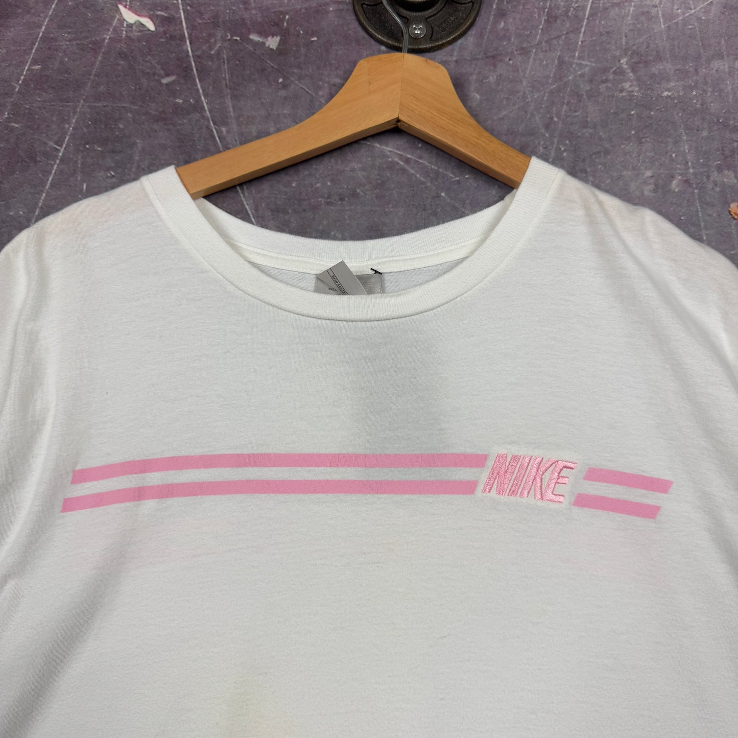 Early 00s White Pink Striped Nike Essential Spellout Logo Graphic Shirt XXL 1012