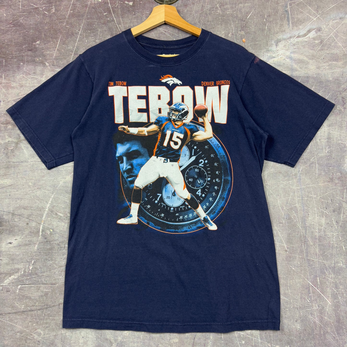 00s Navy Blue Tim Tebow Denver Broncos Football Graphic Shirt M 0963