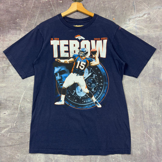 00s Navy Blue Tim Tebow Denver Broncos Football Graphic Shirt M 0963