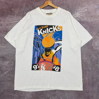1997 White New York Knicks Abstract Dunking Graphic Shirt XL 2972