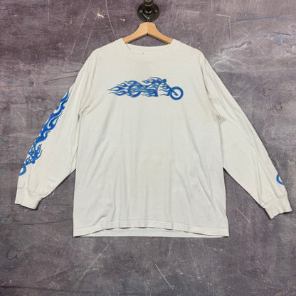 Early 00s White Flaming Motorcycle Flame Sleeve Long Sleeve Graphic Shirt L 1017