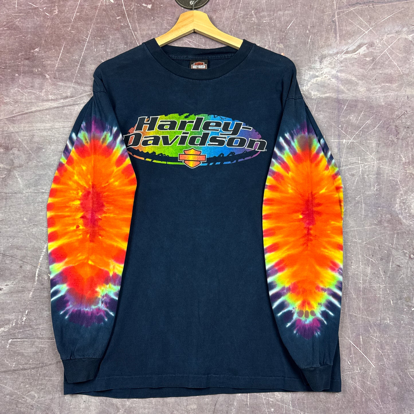 90s Navy Blue Harley Davidson Tie-Dye Sleeve Shirt 3052