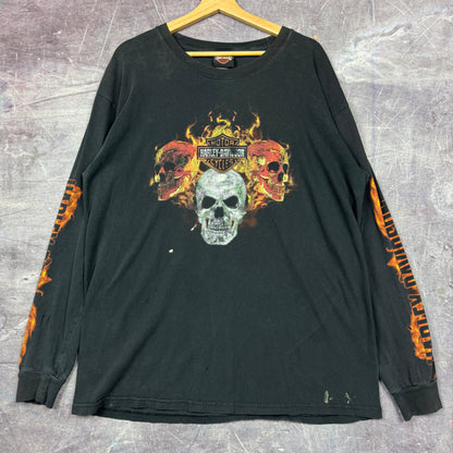 Early 00s Black Skull Harley Davidson Motorcycle Flame Sleeve Graphic Long Sleeve Shirt XL 0831