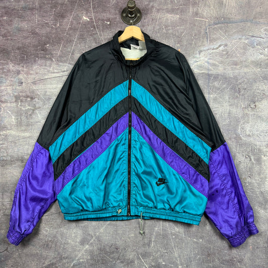 Early 90s Black Purple Blue Nike Essential Logo Windbreaker Jacket L 0571