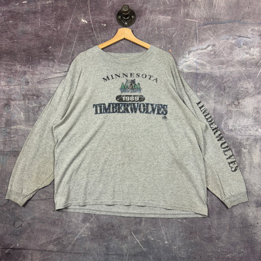 90s Light Gray Minnestota Timberwolves Graphic Long Sleeve Shirt XXL 1038