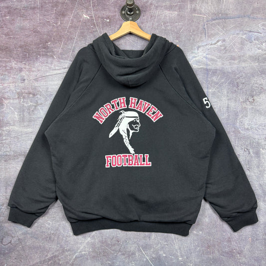 90s Faded Black Camber Chill Buster Thermal Lined North Haven Indians Football Graphic Zip Up Hoodie XL 1743