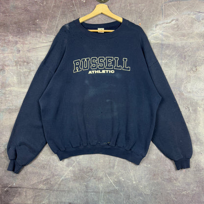 90s Faded Navy Blue Russell Athletic Essential Logo Spellout Repaired Graphic Crewneck Sweatshirt XL 1238