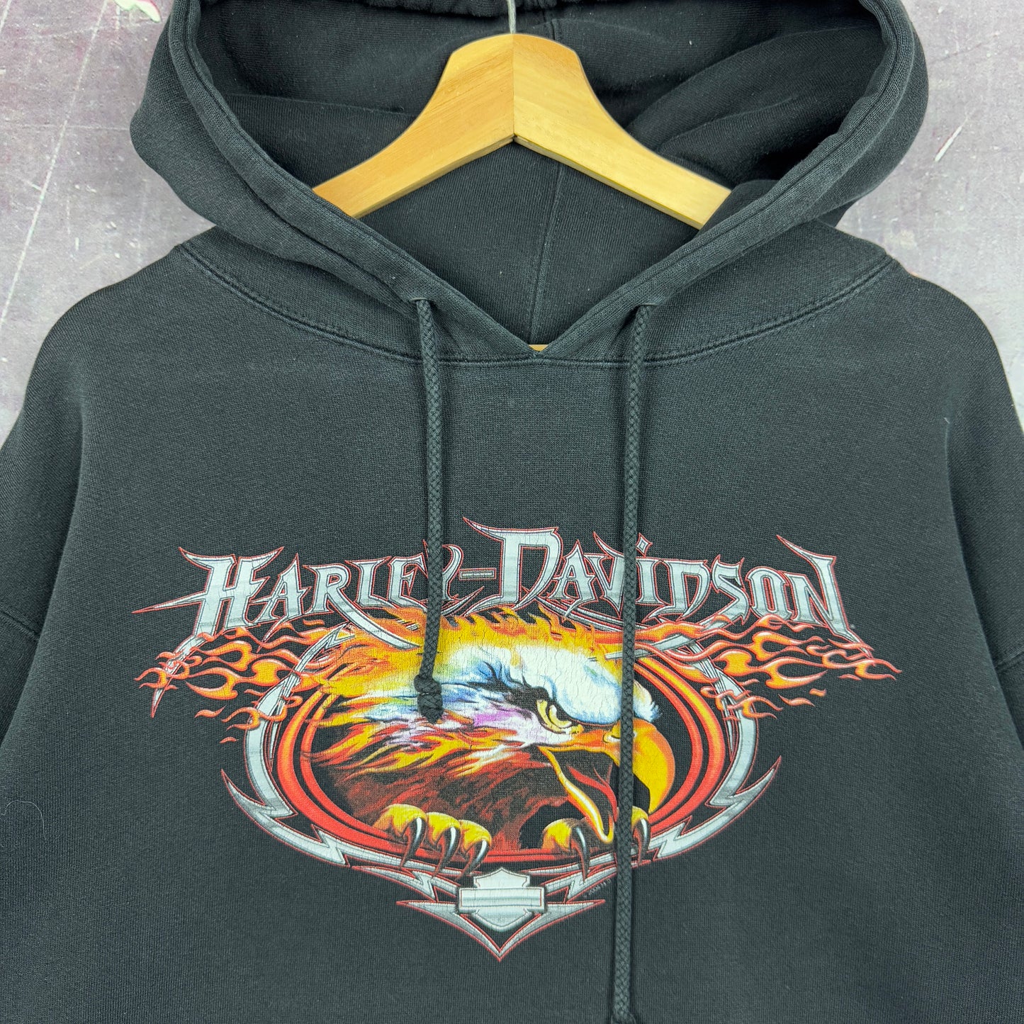 Early 00s Black Portland Maine Harley Davidson Motorcycle Flame Sleeve Eagle Graphic Hoodie L 1267