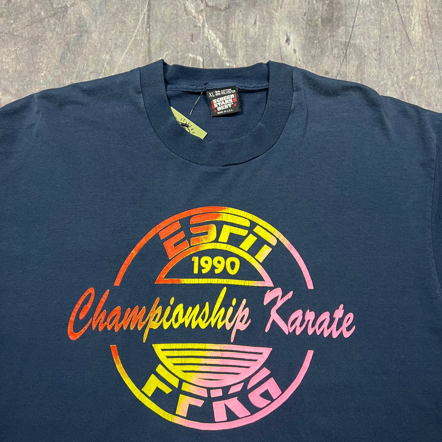 1990 Navy Blue ESPN FFKG Karate Championship Graphic Shirt L AO05