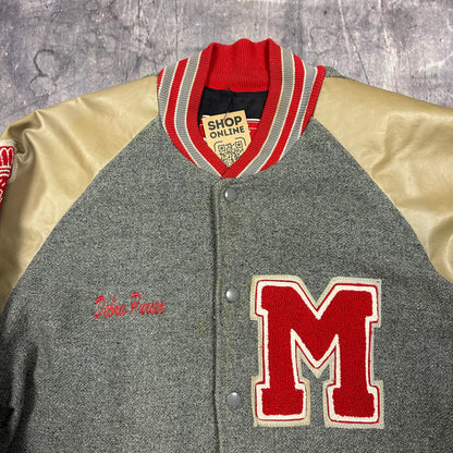 80s Gray Red Tan M Indian Head Letterman Varsity Jacket XL X35