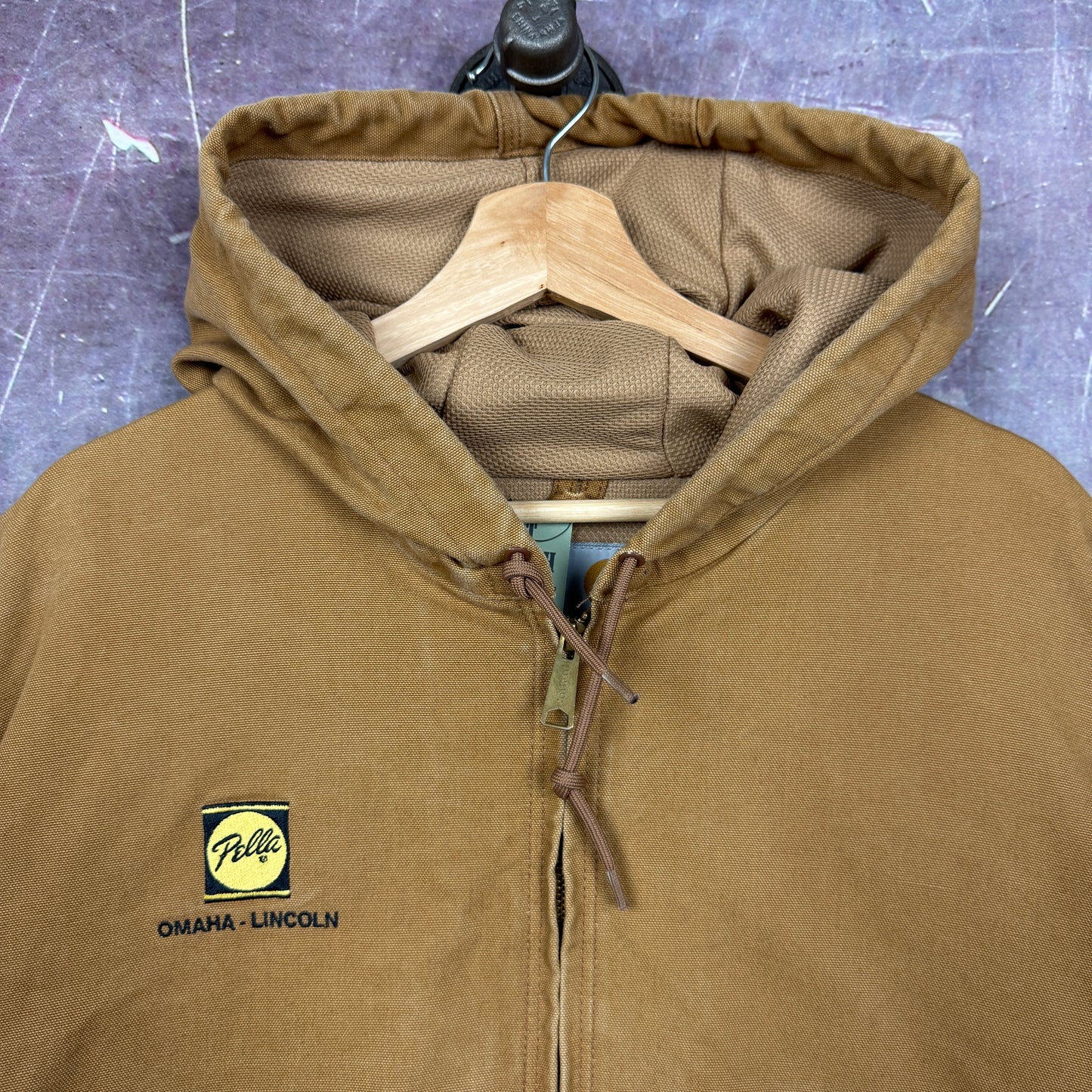 90s Tan Brown Carhartt Pella Embroidered Hooded Active Work Jacket XXL 2360