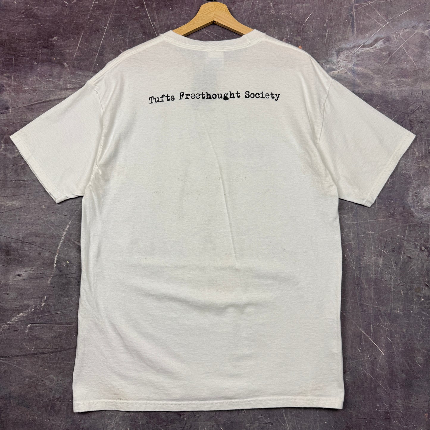 Early 00s White Think Free Tufts Freethought Society Graphic Shirt L 0860