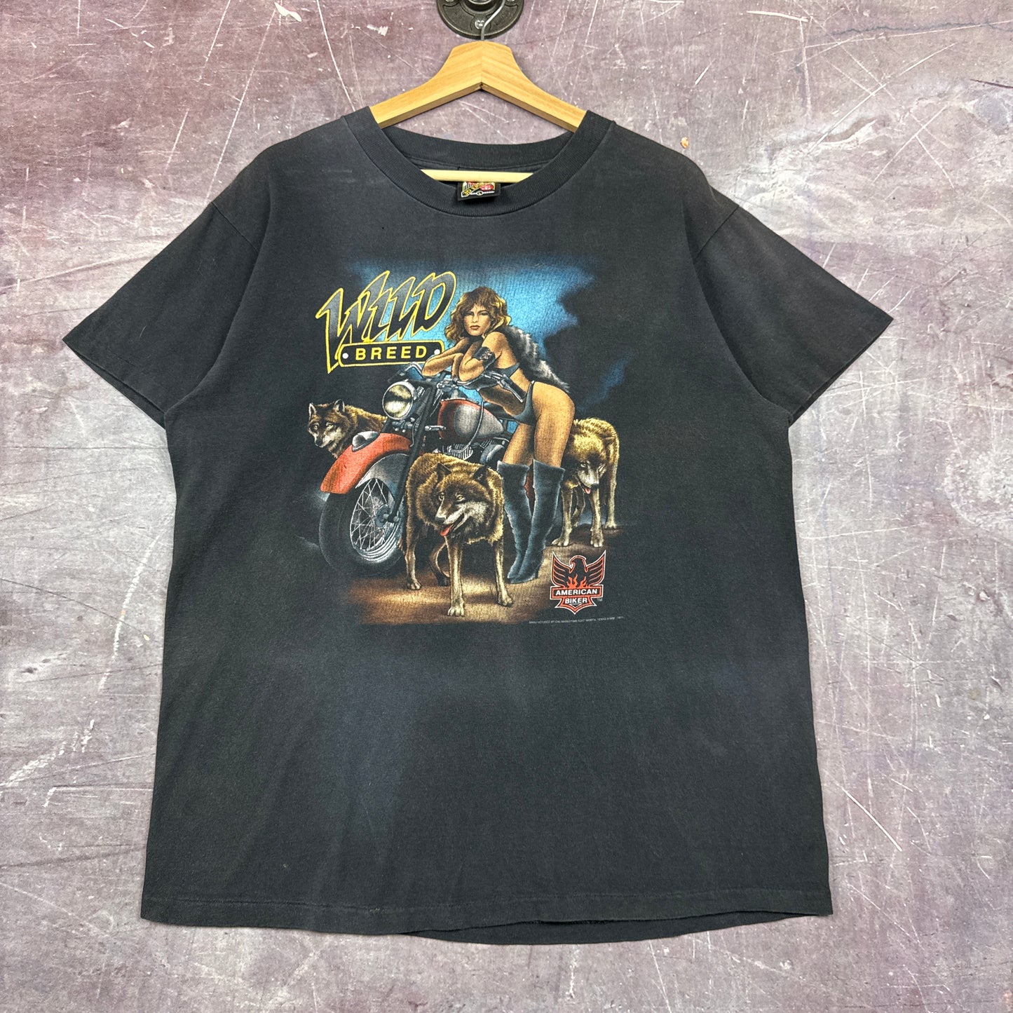 90s Faded Black American Biker 3D Emblem Shirt 3188