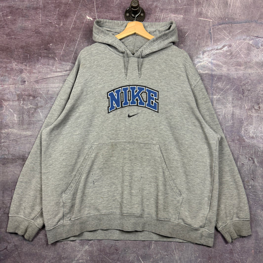 Early 00s Light Grey Nike Center Swoosh Spellout Logo Graphic Hoodie XL 1759