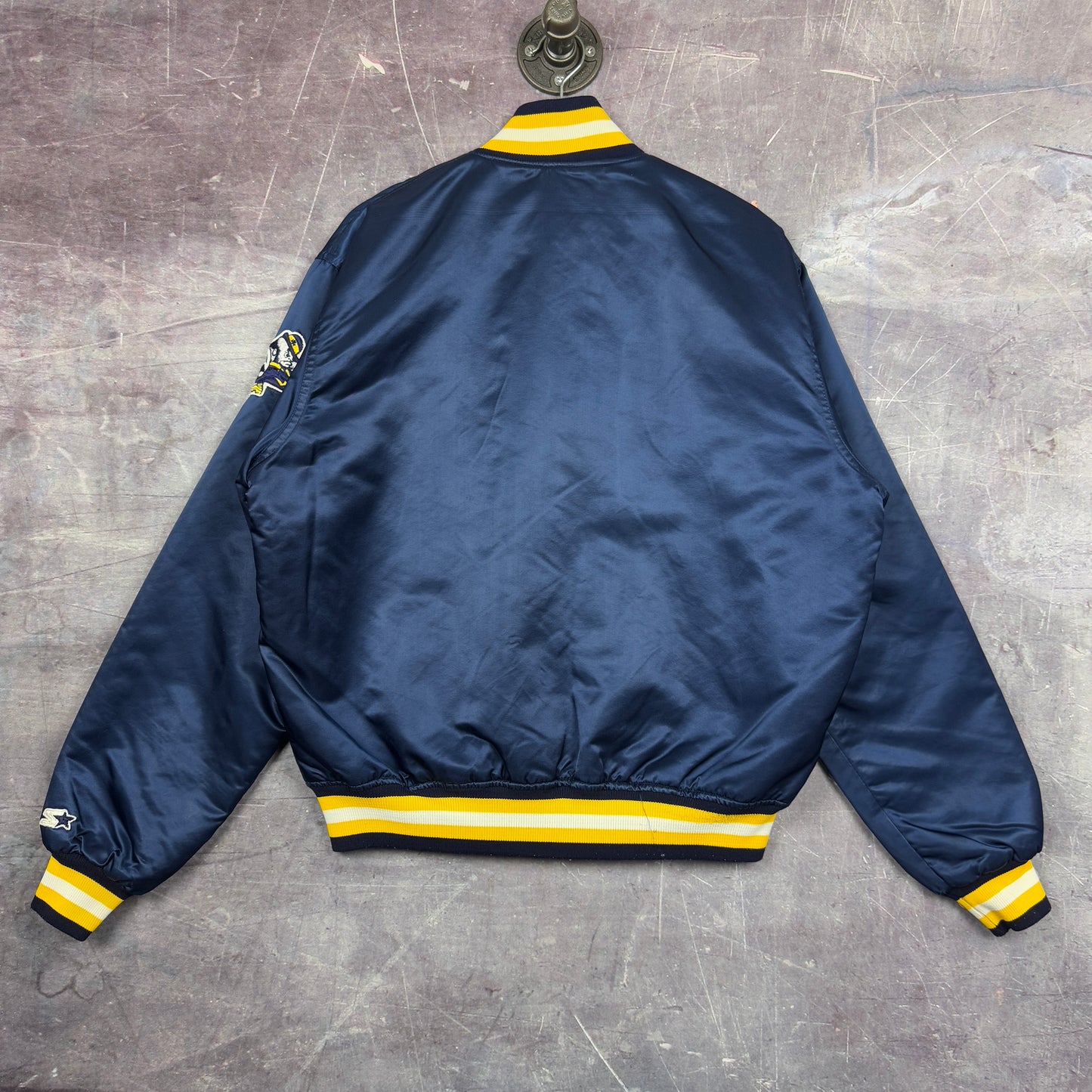 90s Blue Yellow Notre Dame Satin Start Bomber Jacket XL 1282