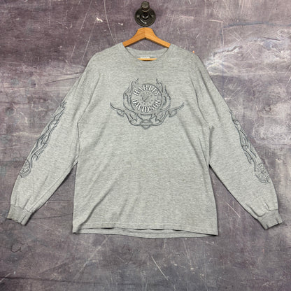 Early 00s Light Gray Harley Davidson Flame Sleeve Long Sleeve Graphic Shirt L 1014