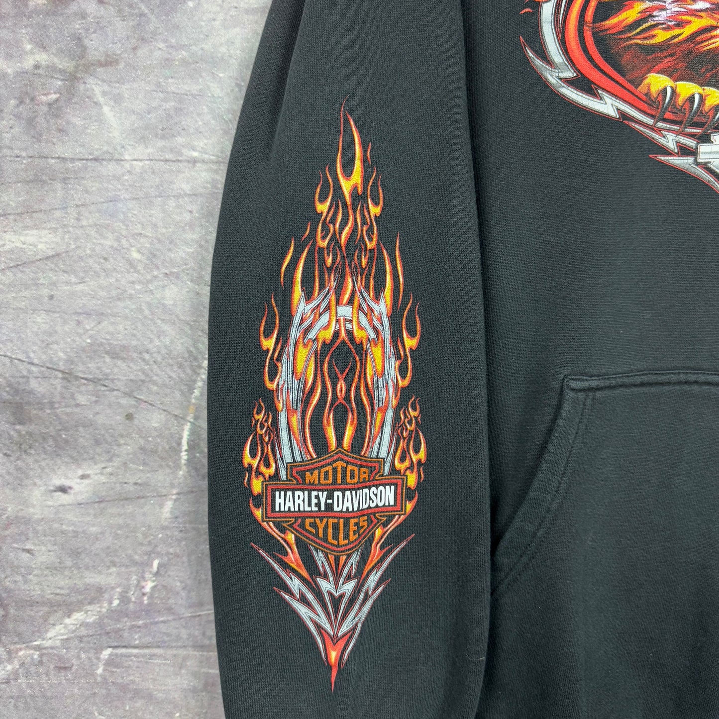 Early 00s Black Portland Maine Harley Davidson Motorcycle Flame Sleeve Eagle Graphic Hoodie L 1267