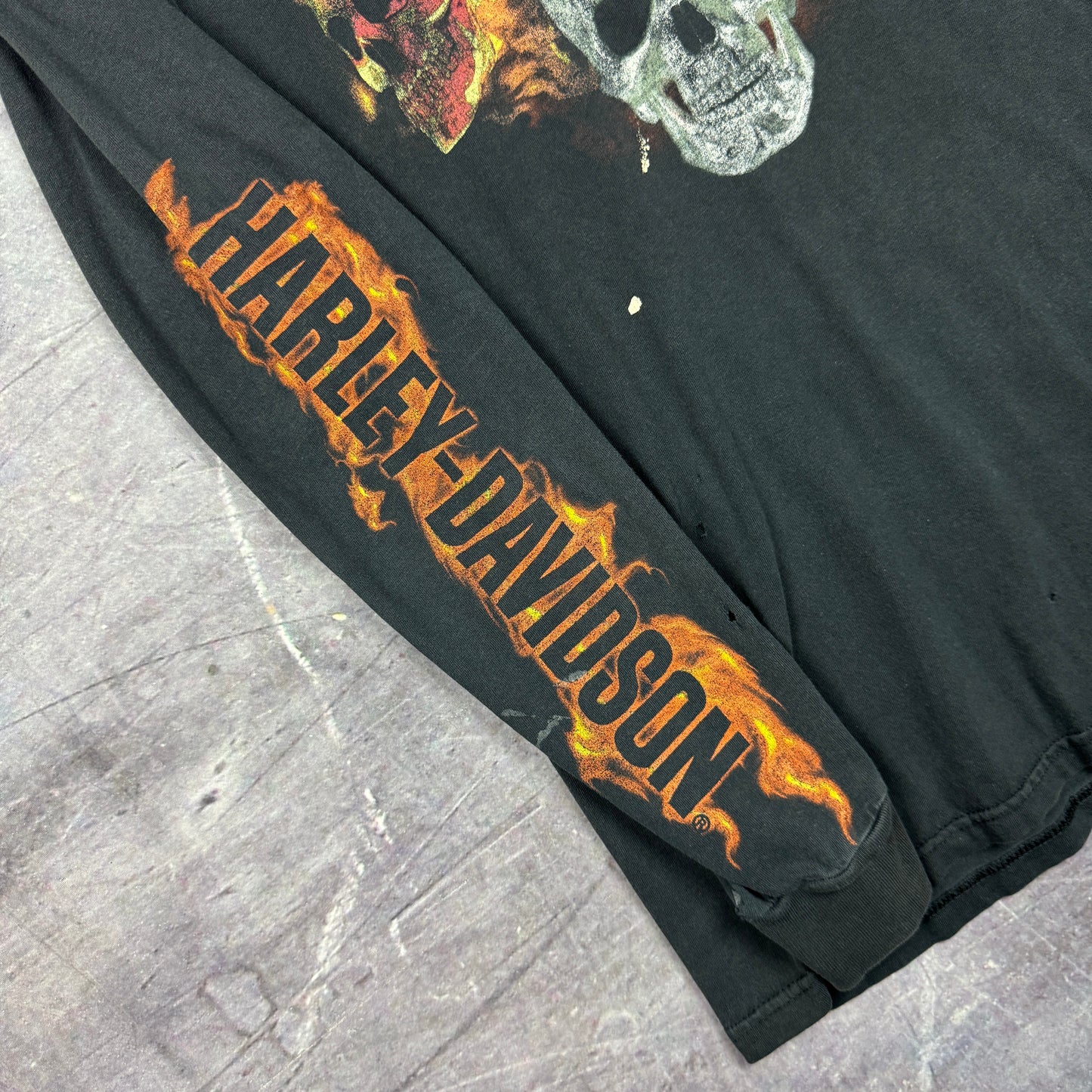 Early 00s Black Skull Harley Davidson Motorcycle Flame Sleeve Graphic Long Sleeve Shirt XL 0831