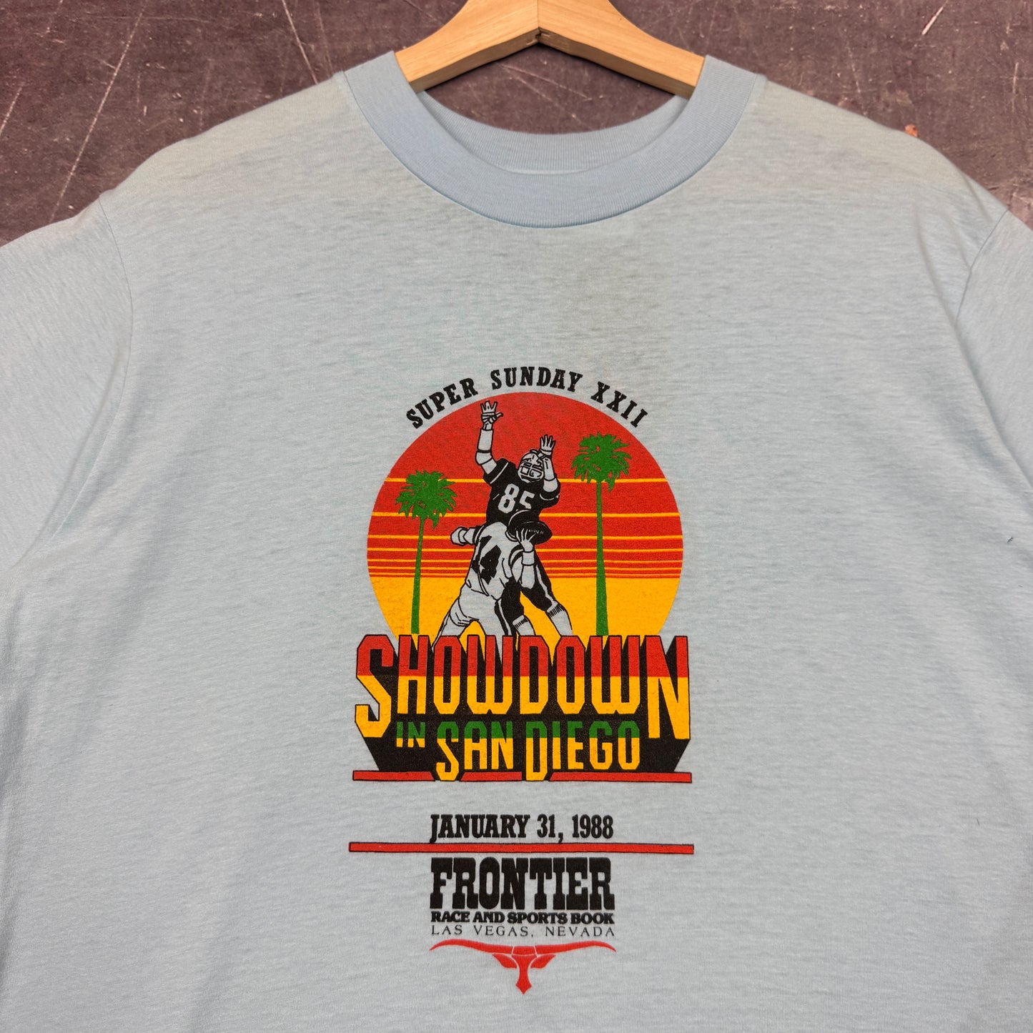 1988 Baby Blue Showdown in San Diego Super Bowl XXII Graphic Shirt L 0827