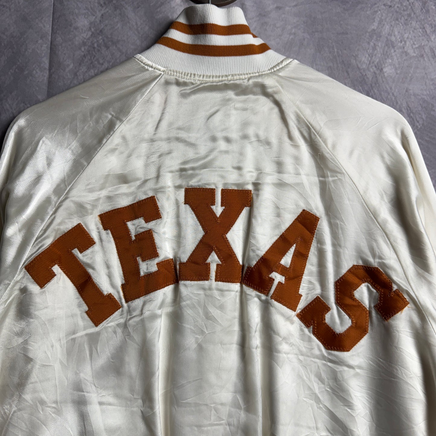 80s White Texas Longhorns Satin Bomber Jacket 4475