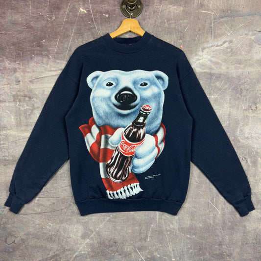 1995 Navy Blue Coca Cola Bear Graphic Crewneck Sweatshirt M 1220